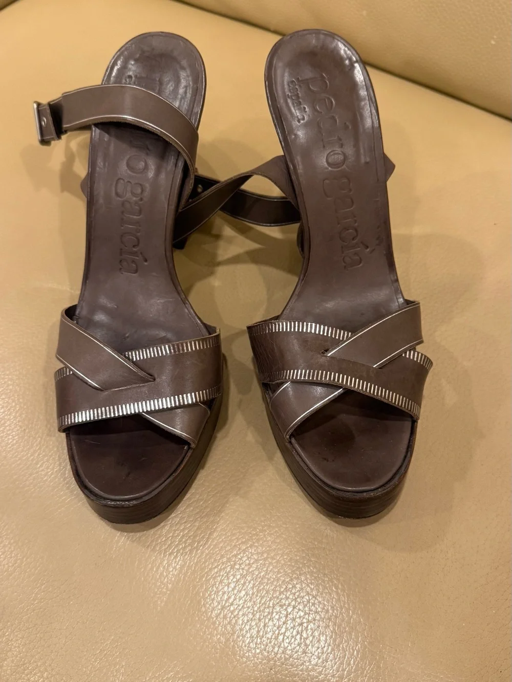 Pedro Garcia Dark Brown Leather Crisscross Platform Sandals
